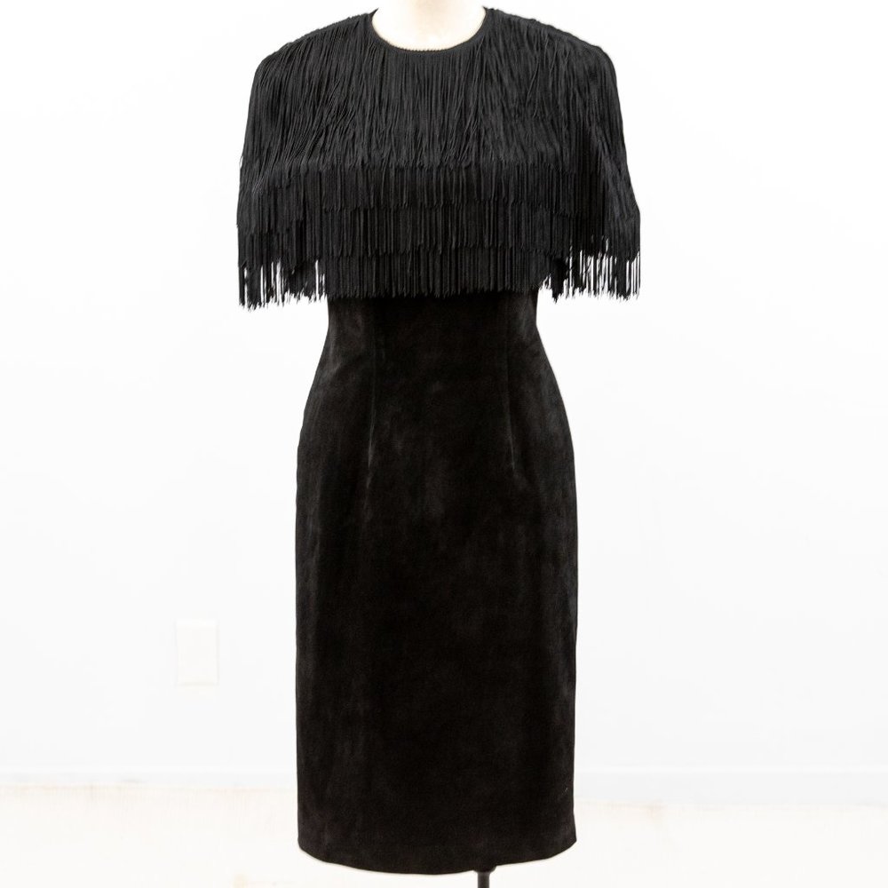 Vintage S/M Fringe Suede Leather Midi Dress Black - Picture 12 of 12